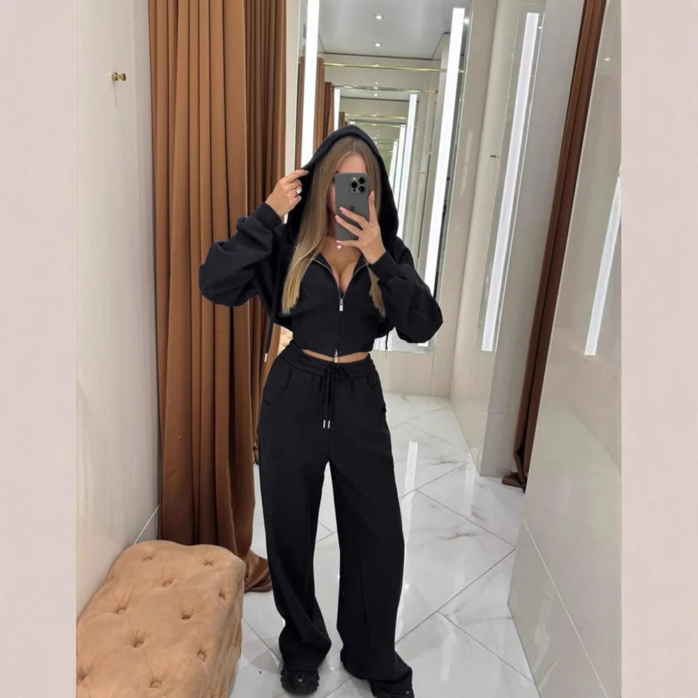 Women's Zip-Up Hooded Jacket and Wide-Leg Pants Set