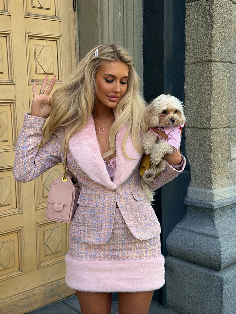 Women's Faux-Fur-Trim Blazer and Mini Skirt Set