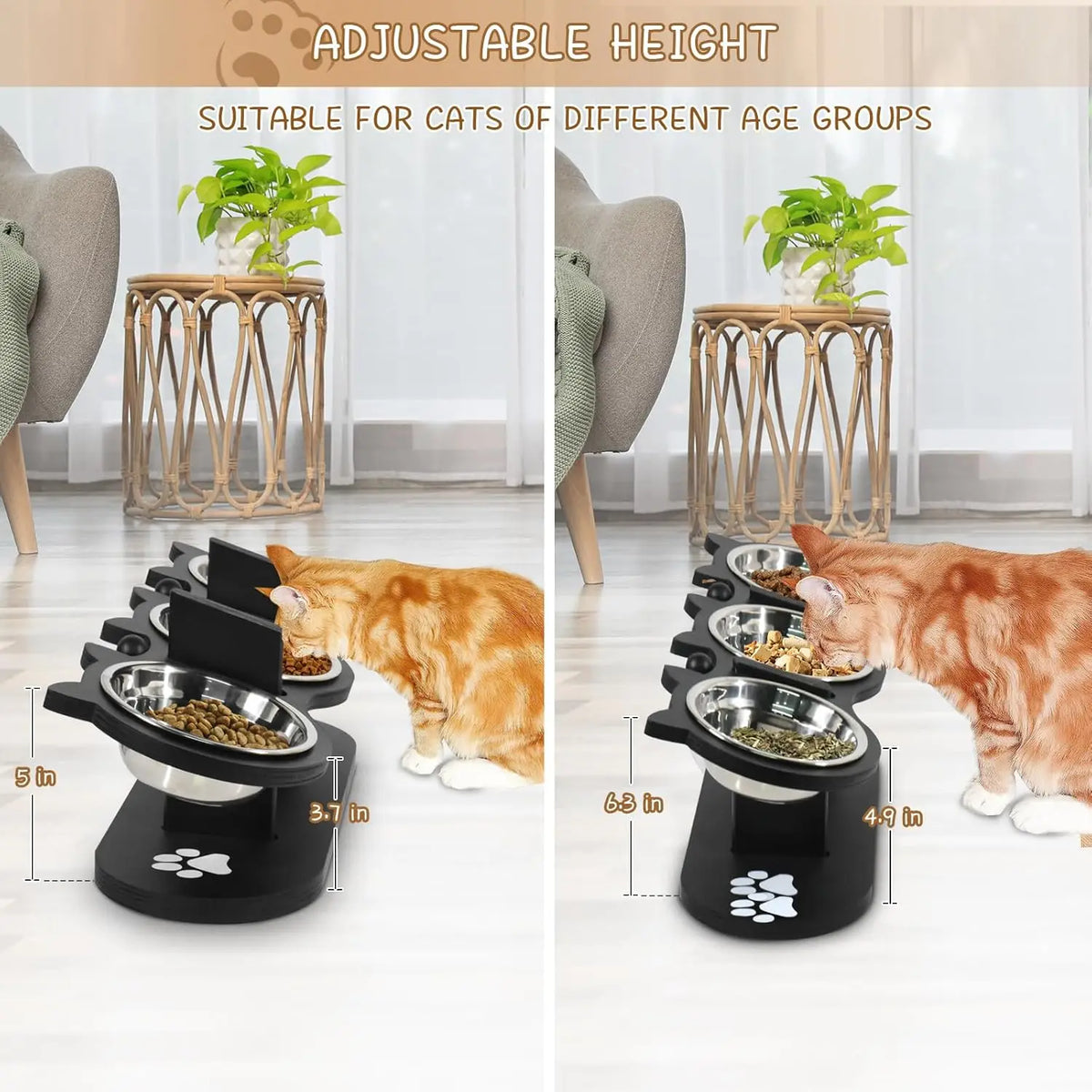 Adjustable Raised Cat Bowl Stand with Three Steel Bowls