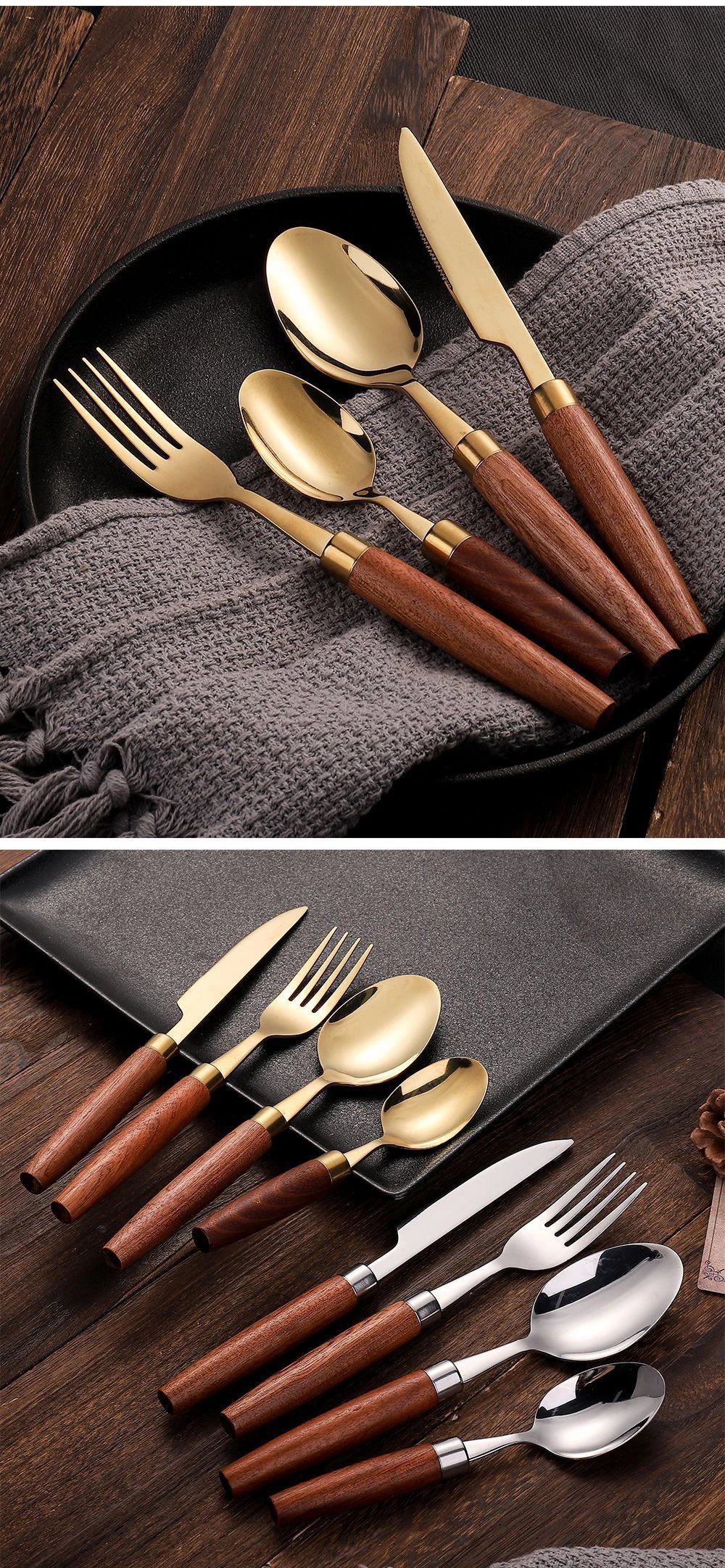 Wood-Handle Stainless Steel Flatware — 4 Pieces