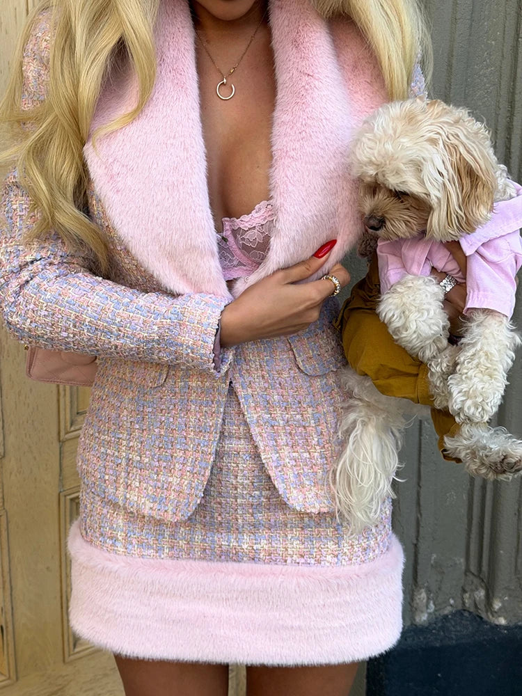 Women's Faux-Fur-Trim Blazer and Mini Skirt Set