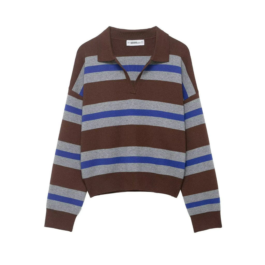 Striped Polo-Collar Long-Sleeve Sweater