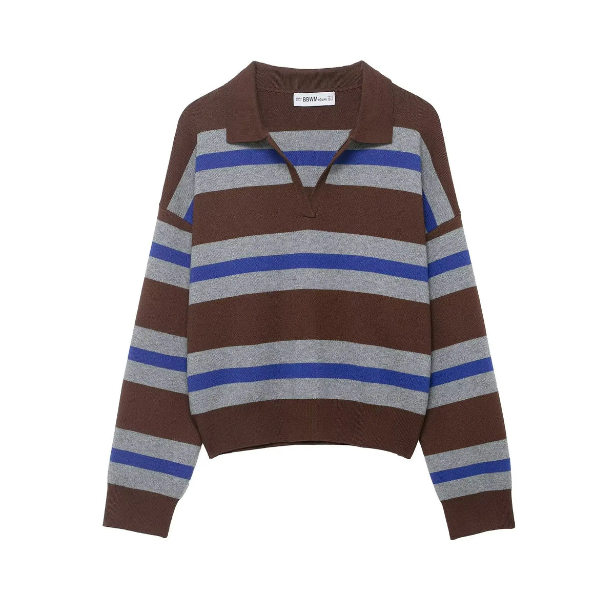 Striped Polo-Collar Long-Sleeve Sweater