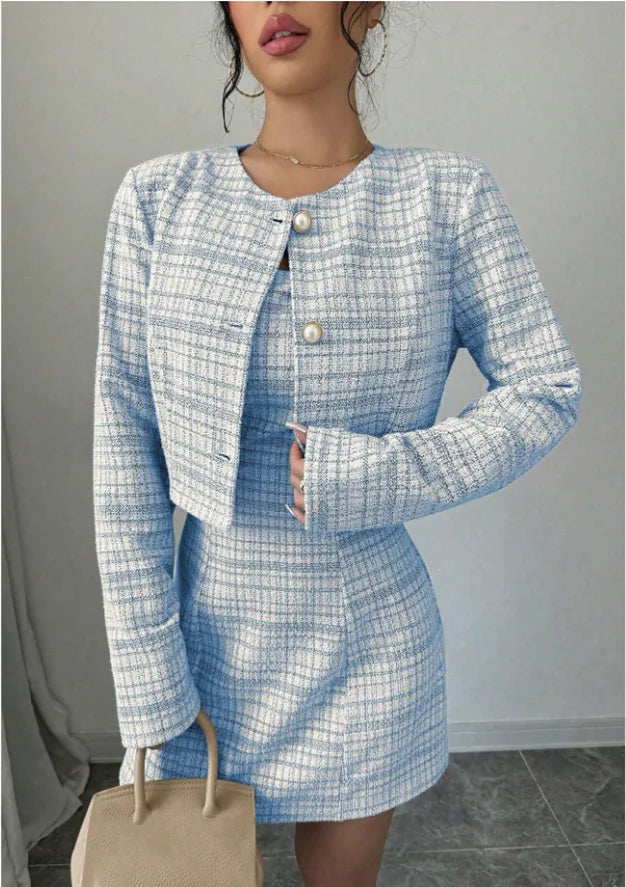 Women's Plaid Cropped Jacket and Corset-Style Dress Set