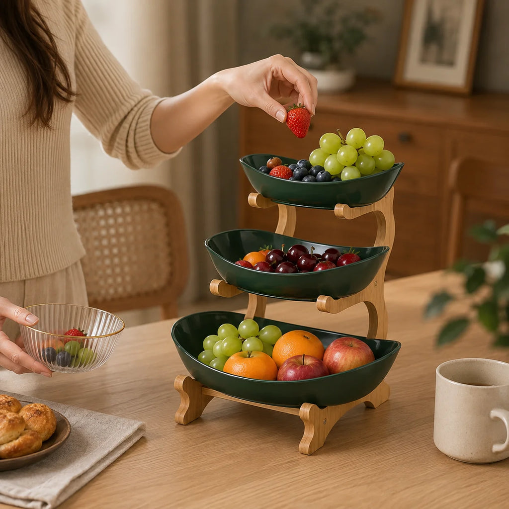 Bamboo-Frame Tiered Fruit Stand with PP Bowls