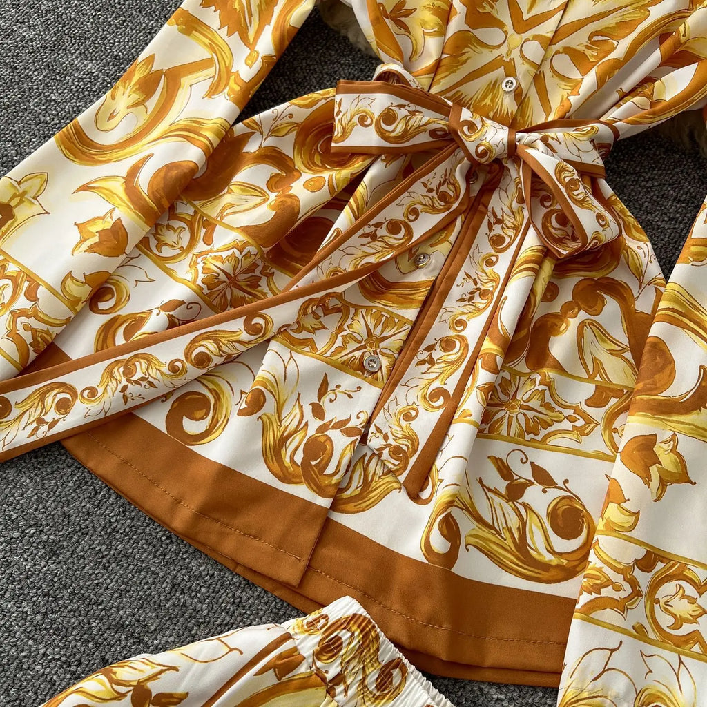 Printed Collar Top & Wide-Leg Pants Set