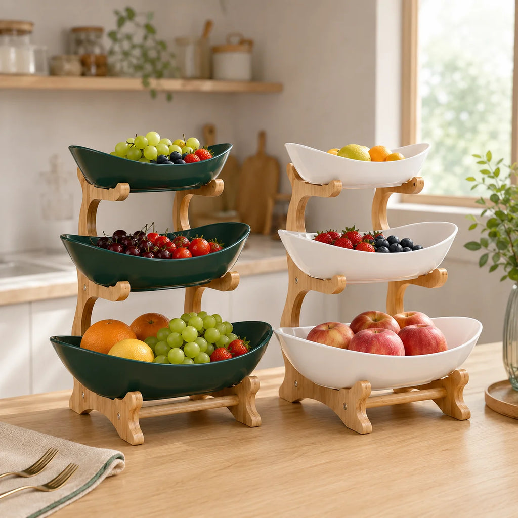 Bamboo-Frame Tiered Fruit Stand with PP Bowls