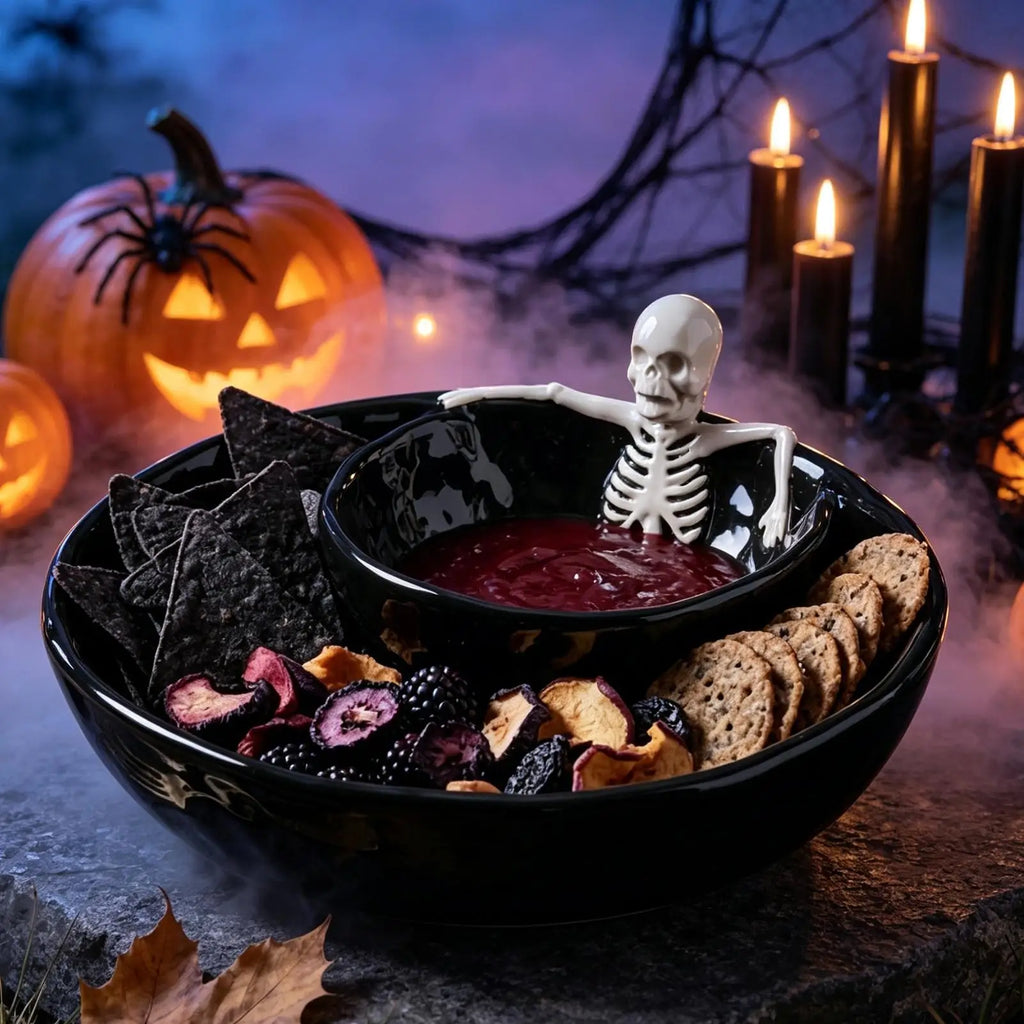 Skull-Shaped Ceramic Chip and Dip Bowl — 8.5 Inch