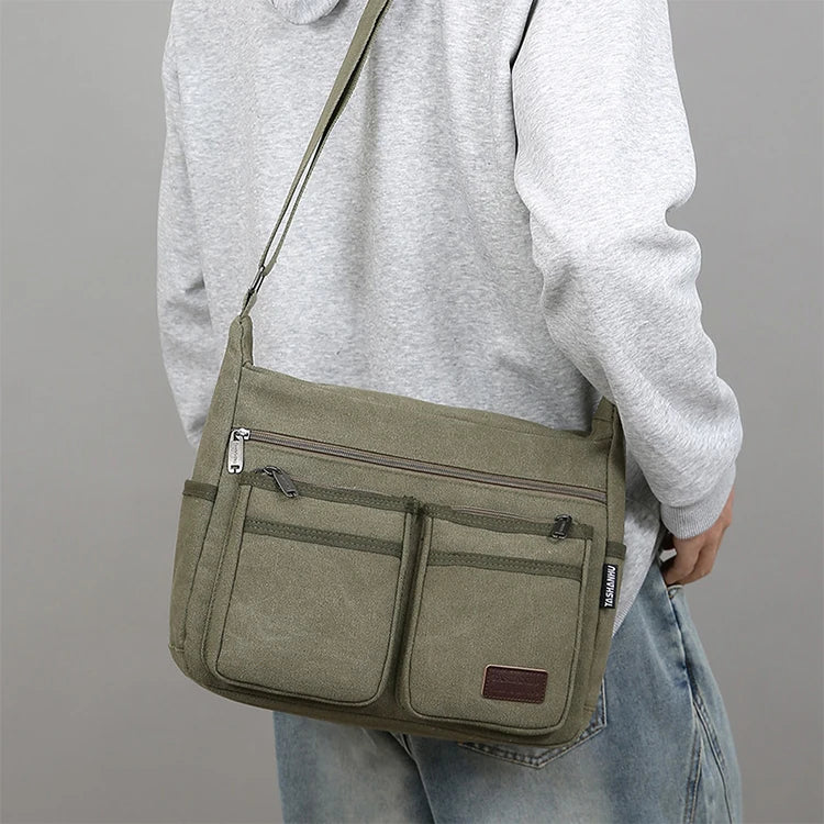 Canvas Crossbody Bag with Zipper Pockets