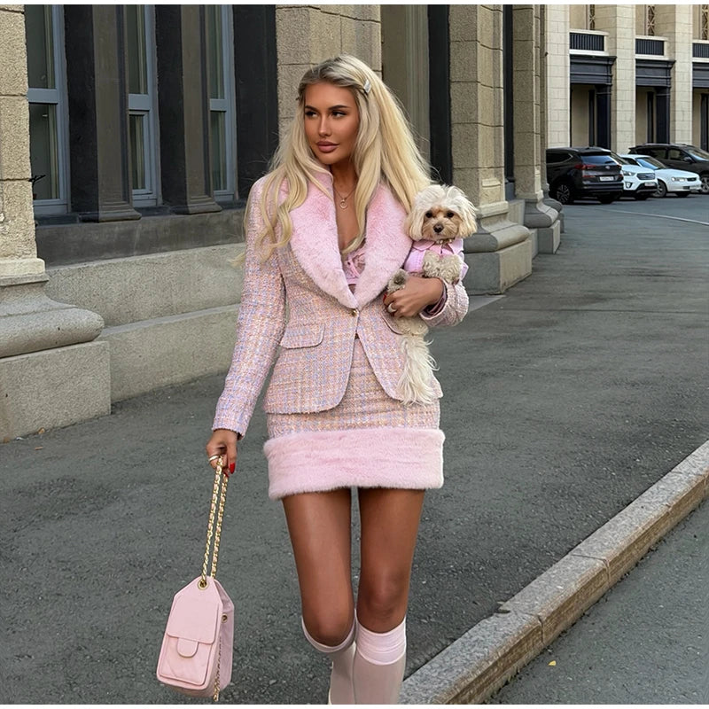 Women's Faux-Fur-Trim Blazer and Mini Skirt Set