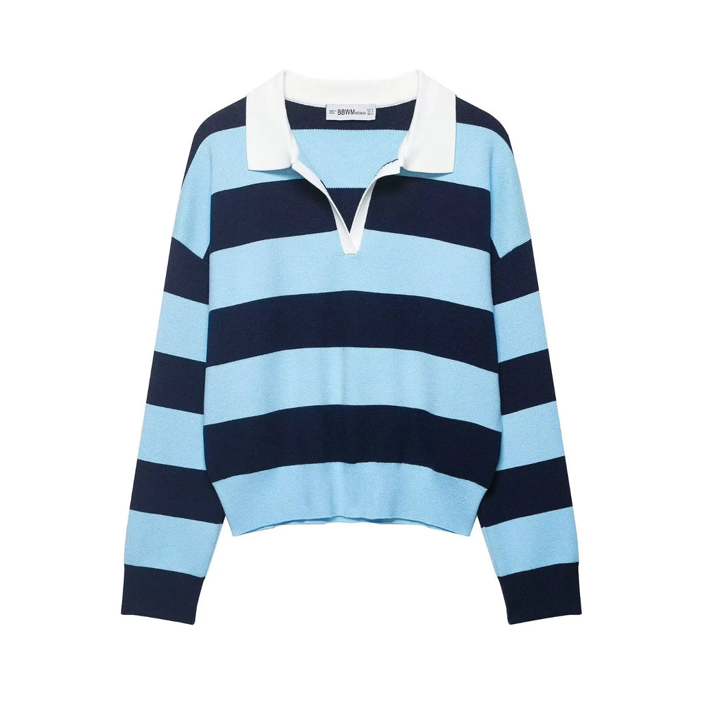 Striped Polo-Collar Long-Sleeve Sweater