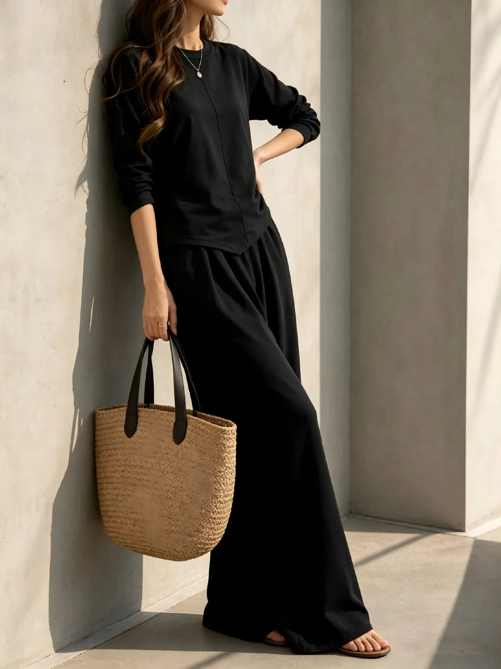 Women's Asymmetric-Hem Top and Wide-Leg Pants Set