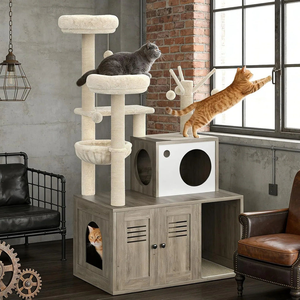Cat Tower with Litter Box Enclosure, 2-in-1 Modern Cat Tree, 55.1-Inch Cat Condo with Scratching Posts, Hidden Litter Cabinet, Hammock & Perches, Engineered Wood, Indoor Use Whispering Desires Shoppe