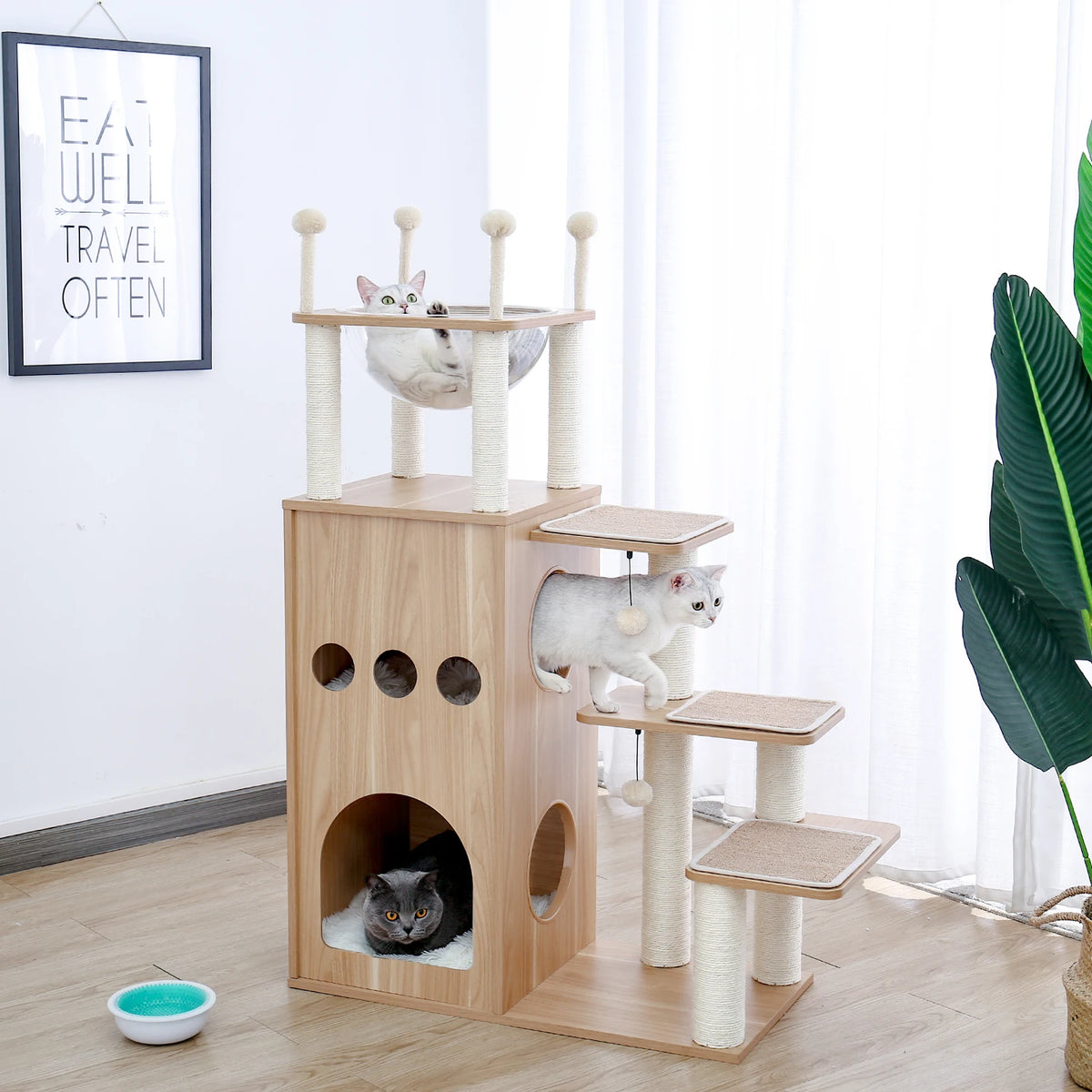 Multi-Level Wooden Cat Tree with Condo & Hammock