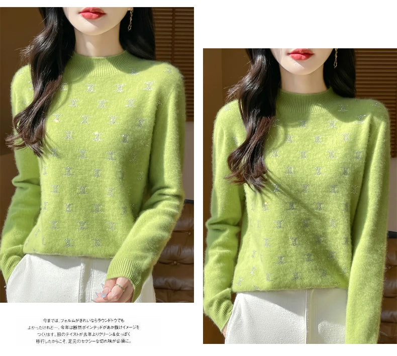 Women Fine Wool Thickening Sweater Half-high Collar Leaf studded With Diamonds Pullover Female Knitted Basis Tops Autumn Winter Dsers
