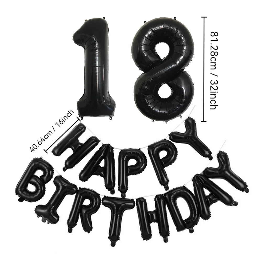 Black Number & Happy Birthday Foil Balloon Set