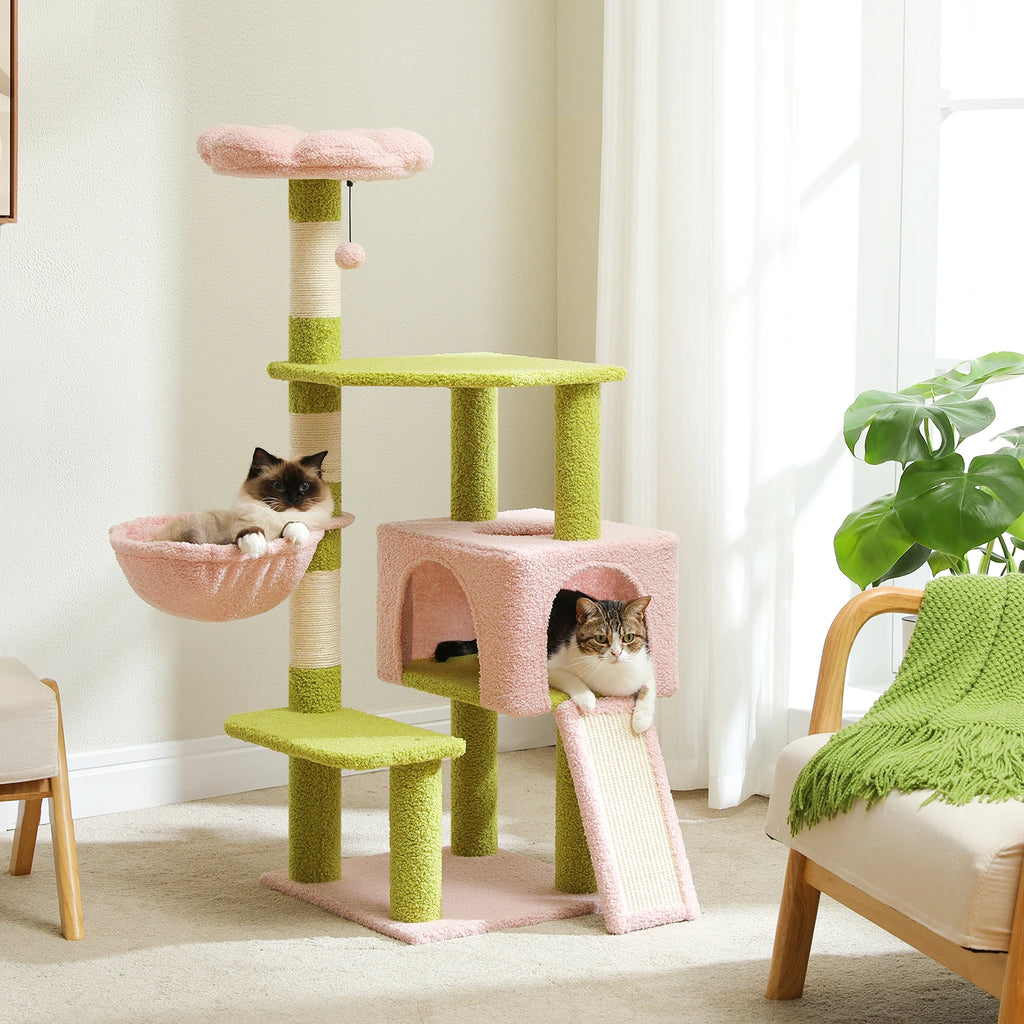 120cm Flower Cat Tree with Condo & Scratching Posts