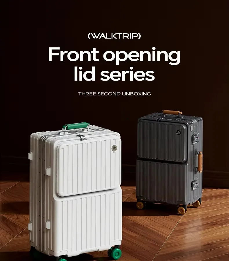 Front Opening Suitcase PC Material with Aluminum Frame TSA Lock Cup Holder Charging Port Colorful Wheels Travel Rolling Luggage Whispering Desires Shoppe