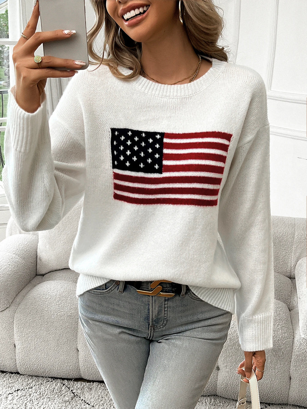 American Flag Crew Neck Long Sleeve Pullover Women's Sweater Dsers