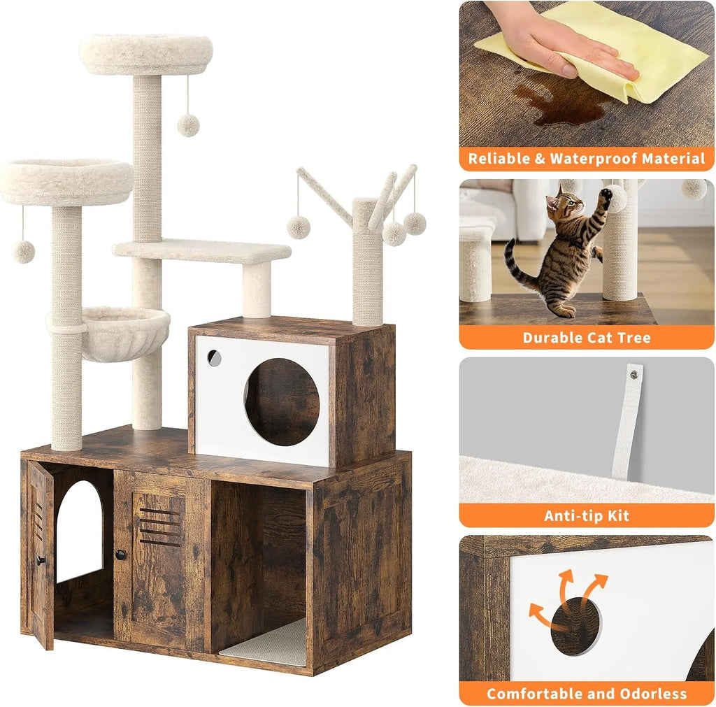 Cat Tower with Litter Box Enclosure, 2-in-1 Modern Cat Tree, 55.1-Inch Cat Condo with Scratching Posts, Hidden Litter Cabinet, Hammock & Perches, Engineered Wood, Indoor Use Whispering Desires Shoppe