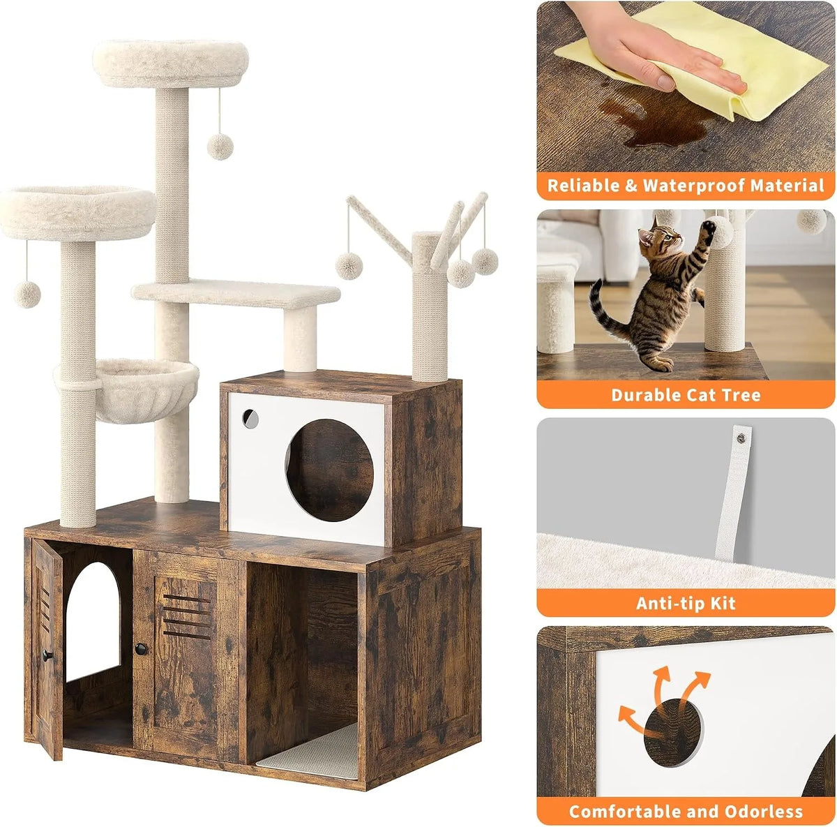 Cat Tower with Litter Box Enclosure, 2-in-1 Modern Cat Tree, 55.1-Inch Cat Condo with Scratching Posts, Hidden Litter Cabinet, Hammock & Perches, Engineered Wood, Indoor Use Whispering Desires Shoppe