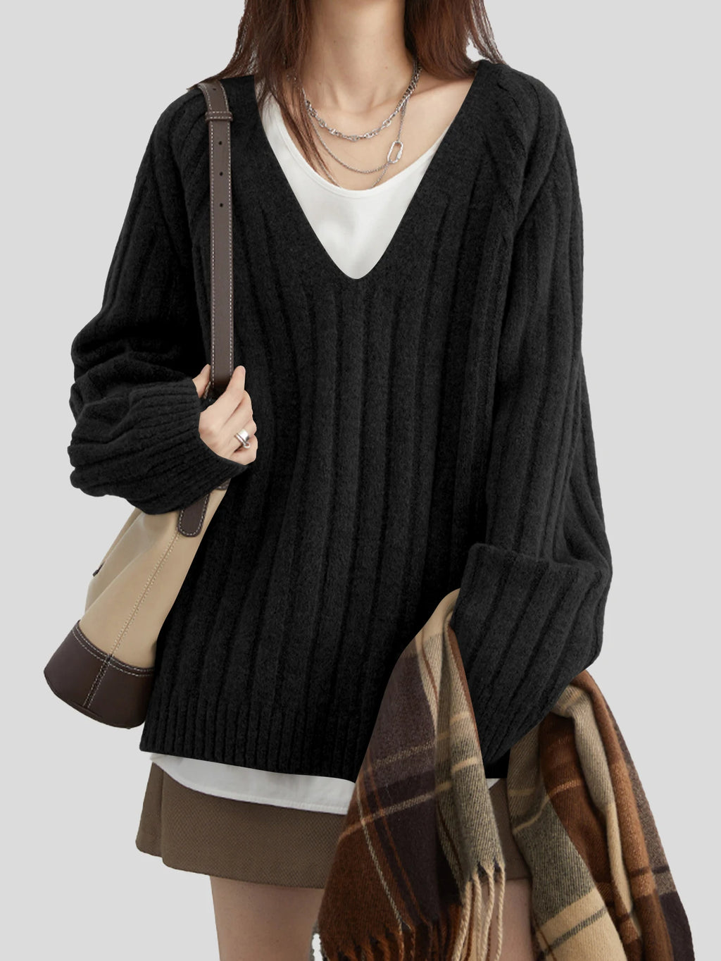 Women's Ribbed V-Neck Knit Sweater