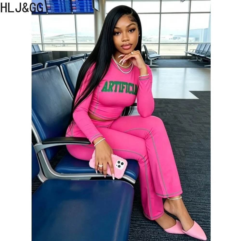 Women's Contrast Letter-Print Top and Flared Pants Set