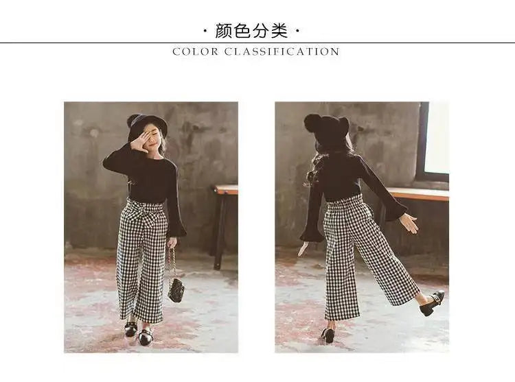 Girls' Plaid Wide-Leg Pants & Long-Sleeve Top Set