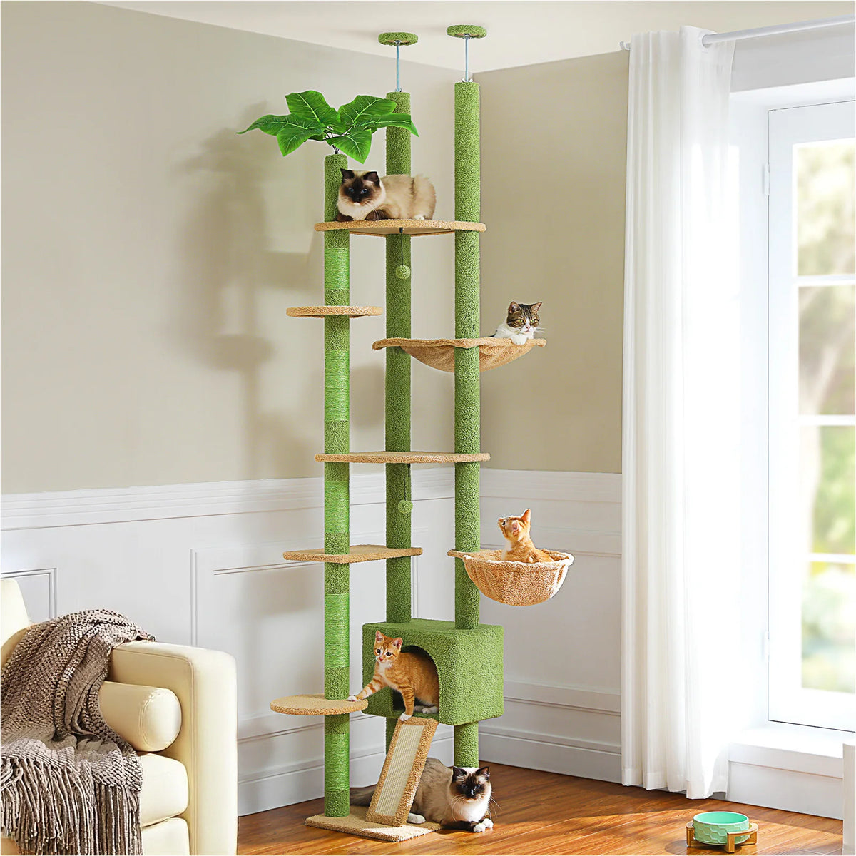Cactus Cat Tree Floor to Ceiling Cat Tower with Sisal Scratching Post,Comfortable Hammock for Multi-Cat Homes,Cat Accessories Whispering Desires Shoppe