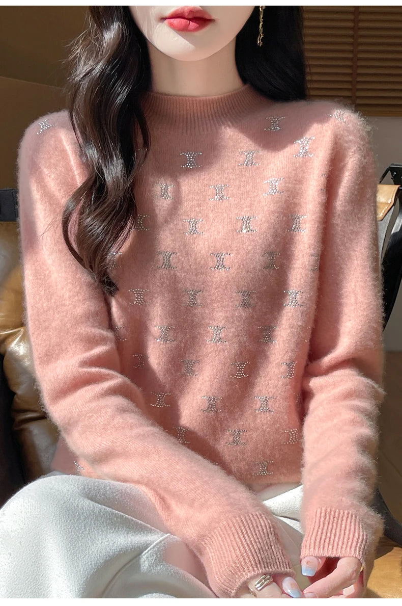 Women Fine Wool Thickening Sweater Half-high Collar Leaf studded With Diamonds Pullover Female Knitted Basis Tops Autumn Winter Dsers