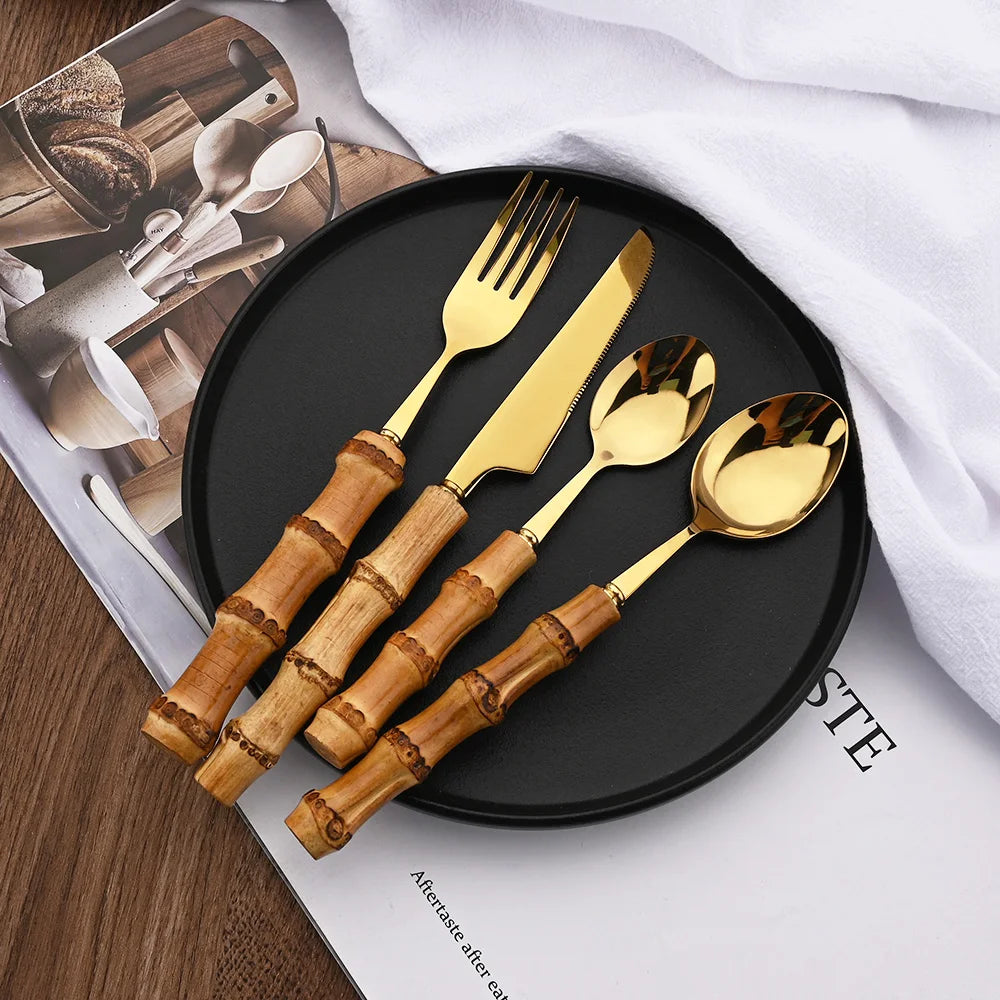 PINKTEN Bamboo-Handle Stainless Steel Flatware