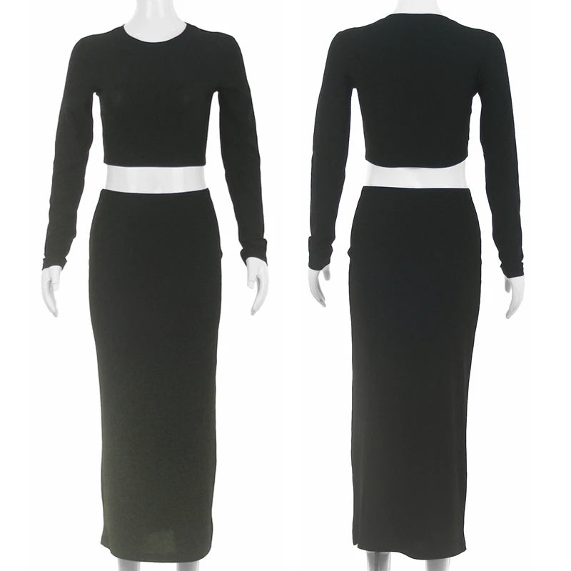 Long-Sleeve Crop Top & Mid-Calf Skirt Set