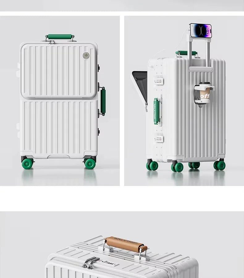 Front Opening Suitcase PC Material with Aluminum Frame TSA Lock Cup Holder Charging Port Colorful Wheels Travel Rolling Luggage Whispering Desires Shoppe