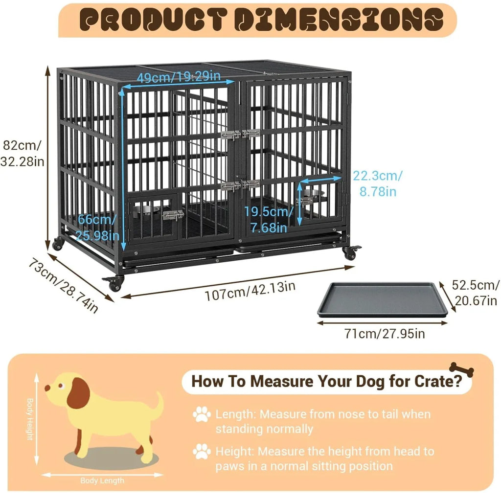 42" Metal Dog Crate with Wheels & Removable Tray