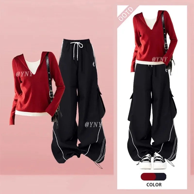 Women's Layered-Look Hooded Top and Cargo Pants Set