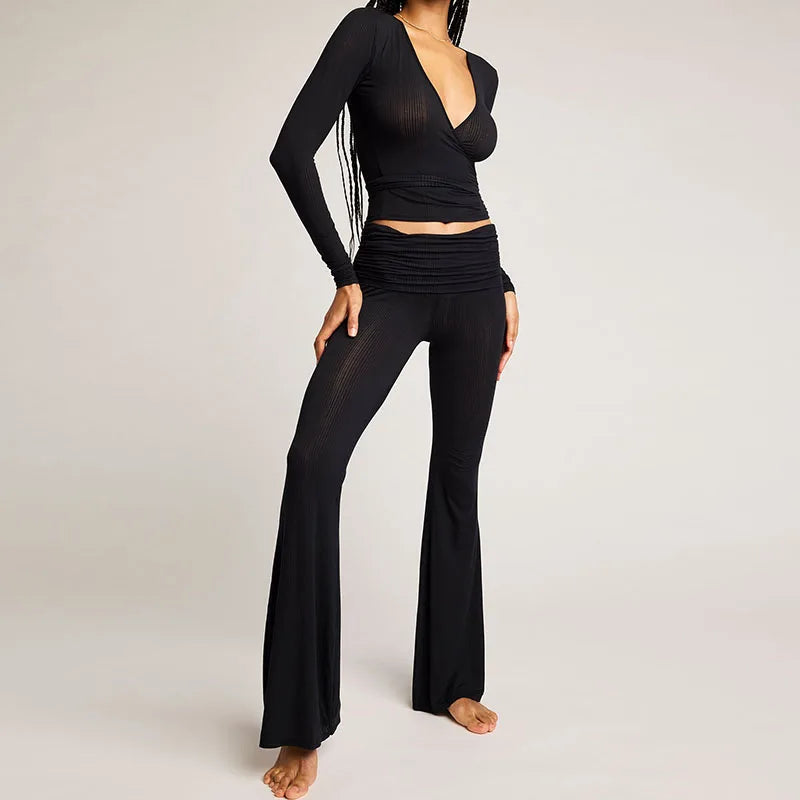 Women's Tie-Front Crop Top and Flared Pants Set
