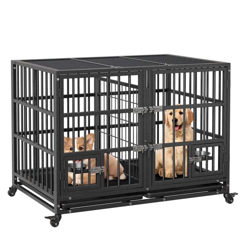 42" Metal Dog Crate with Wheels & Removable Tray