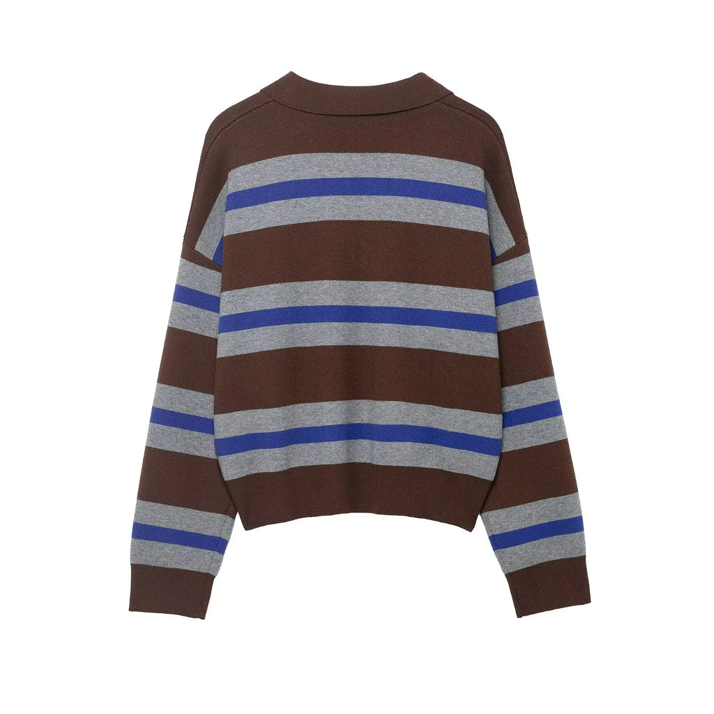 Striped Polo-Collar Long-Sleeve Sweater