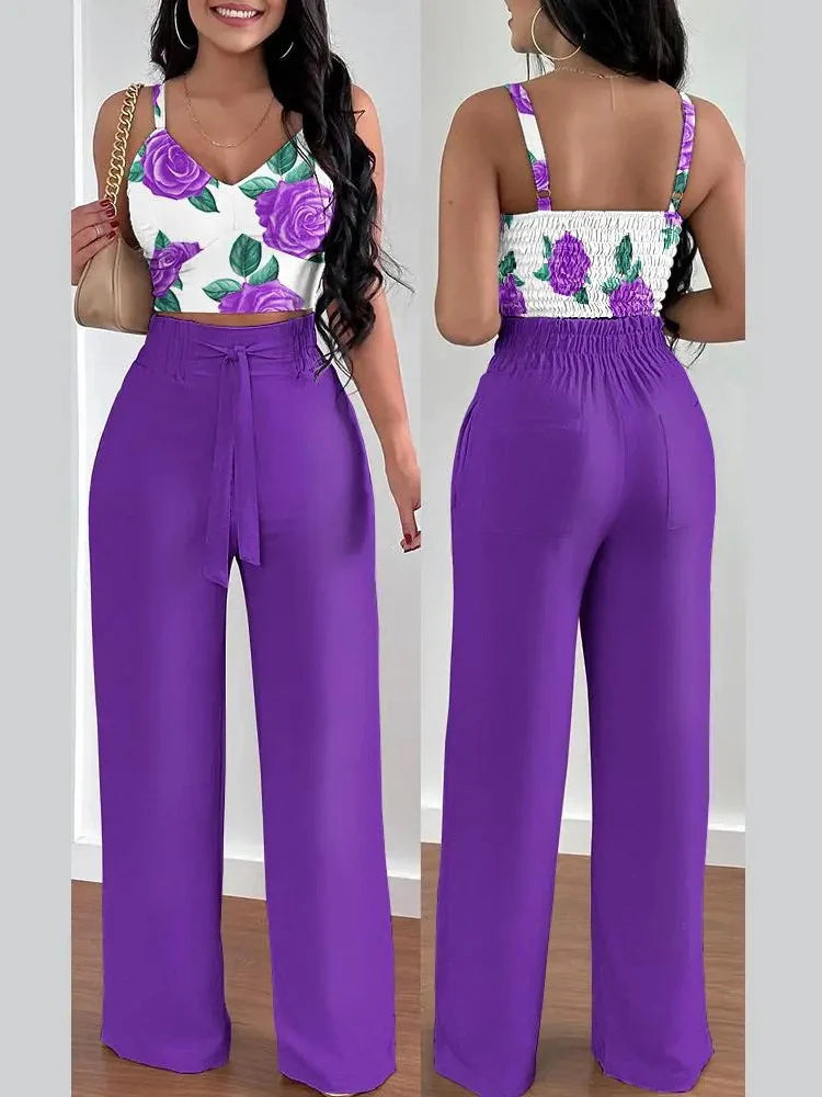 Women's Printed V-Neck Halter Top and Wide-Leg Pants Set