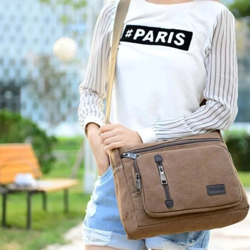 Unisex Canvas Multi-Pocket Crossbody Satchel