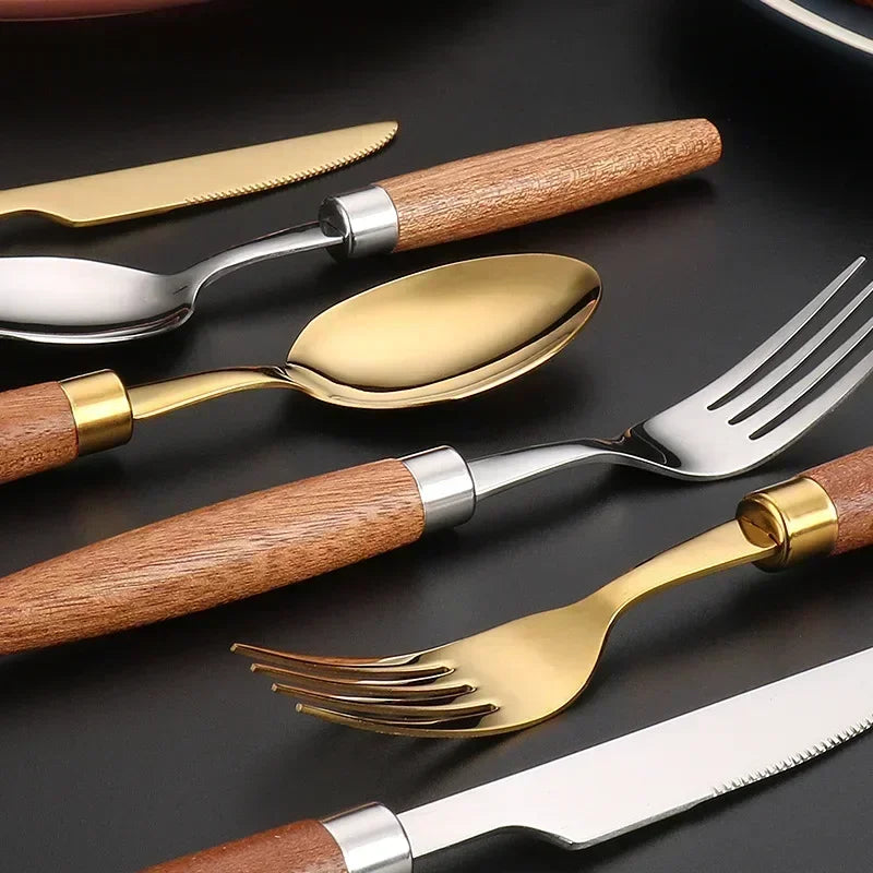 Wood-Handle Stainless Steel Flatware — 4 Pieces
