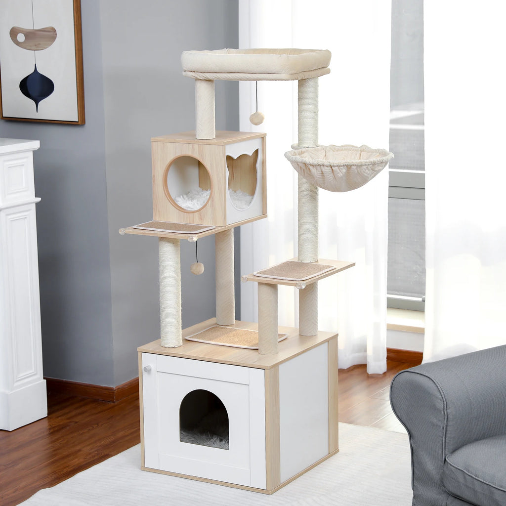 Multi-Level Wooden Cat Tree with Condo & Hammock