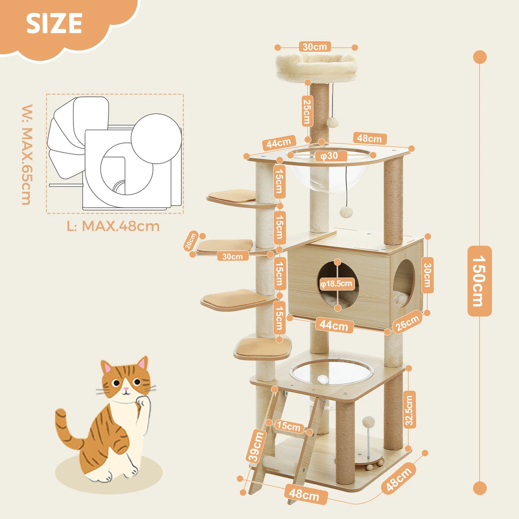 Multi-Level Wooden Cat Tree with Condo & Hammock