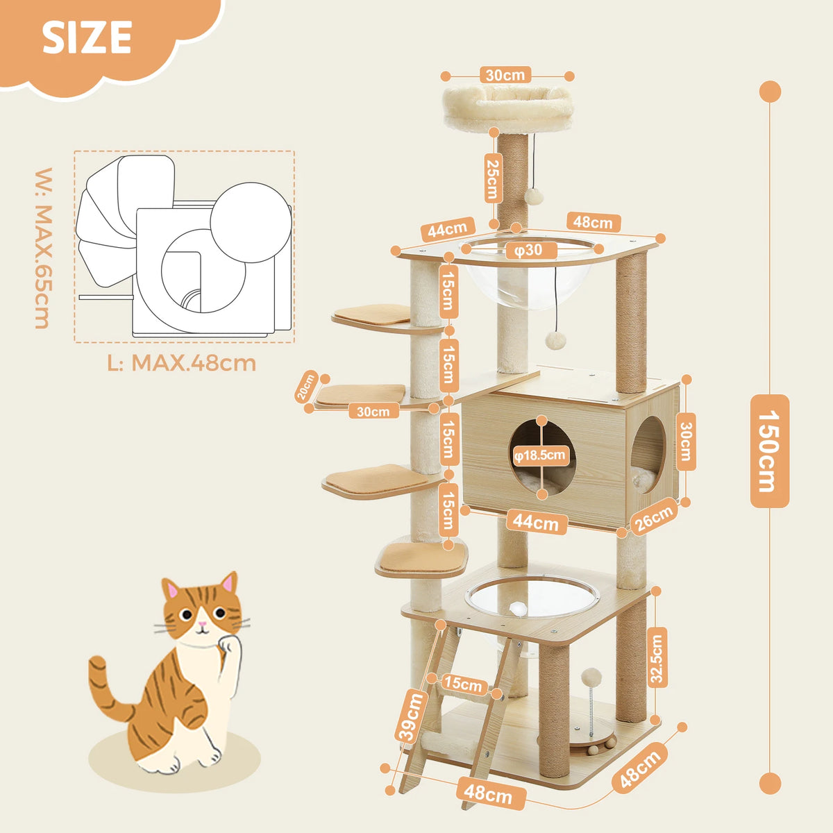 Multi-Level Wooden Cat Tree with Condo & Hammock