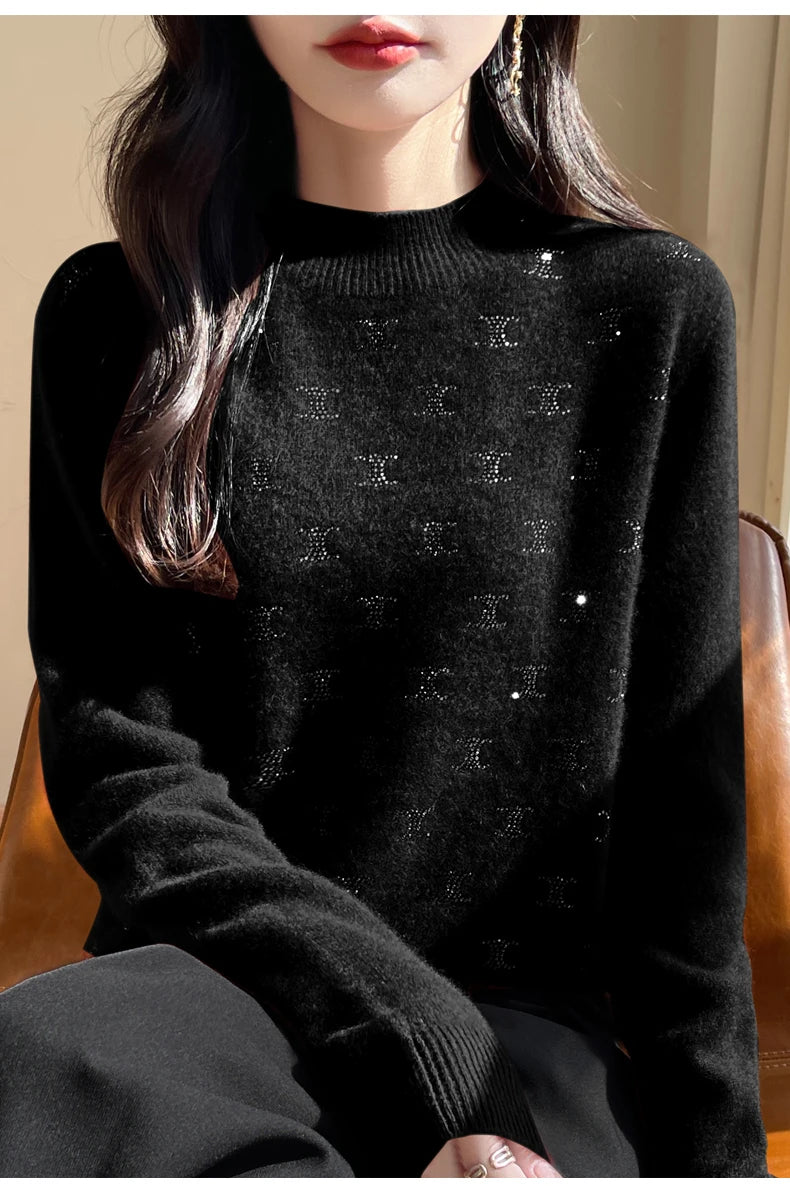 Women Fine Wool Thickening Sweater Half-high Collar Leaf studded With Diamonds Pullover Female Knitted Basis Tops Autumn Winter Dsers