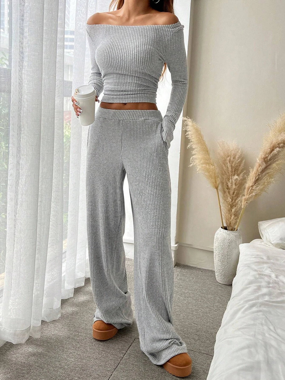 Women's Ribbed Crewneck Top and Wide-Leg Pants Set