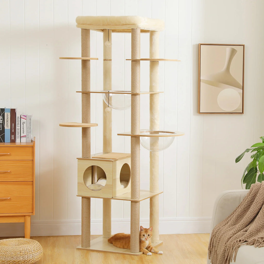 Multi-Level Wooden Cat Tree with Condo & Hammock