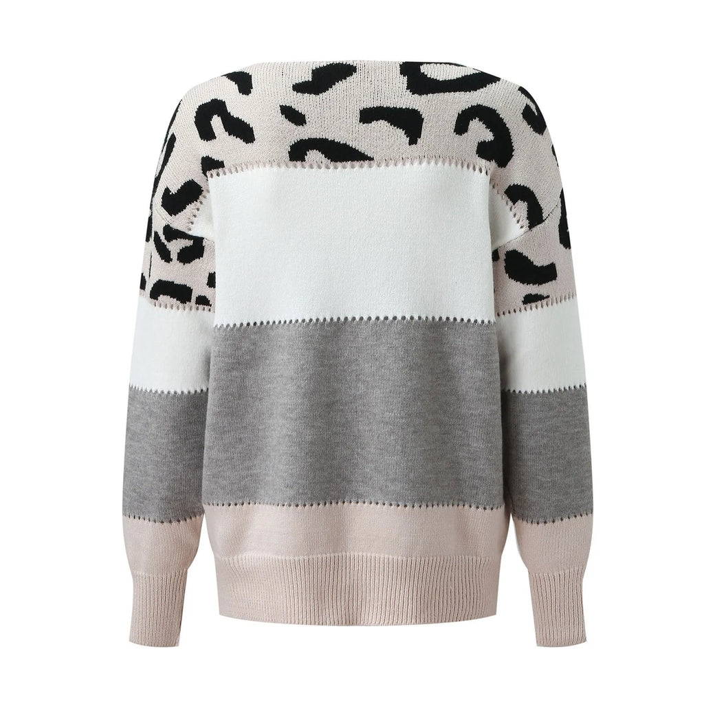 Women Sweaters Contrast Leopard Color Pullovers Loose Autumn Winter Long Sleeve Sweater Jumper Pull Femme Knitwear Oversized Dsers