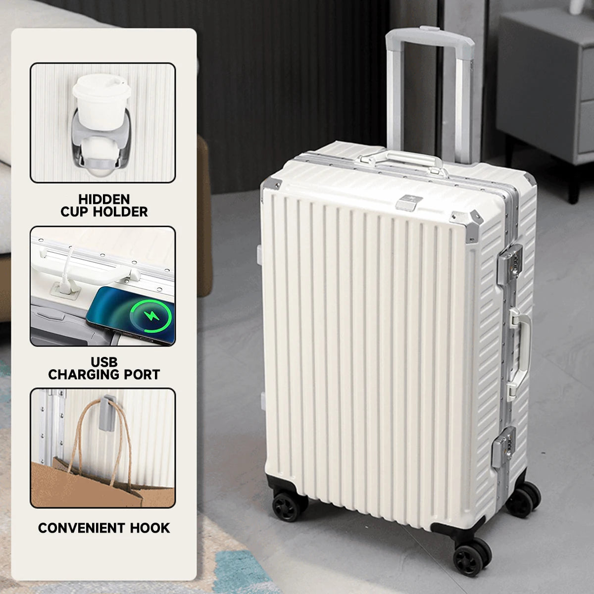 Trolley Luggage 20 24 26 28" Aluminum Frame Rolling Luggage Case USB Travel Suitcase on Wheels Combination Lock Carry on Luggage Whispering Desires Shoppe