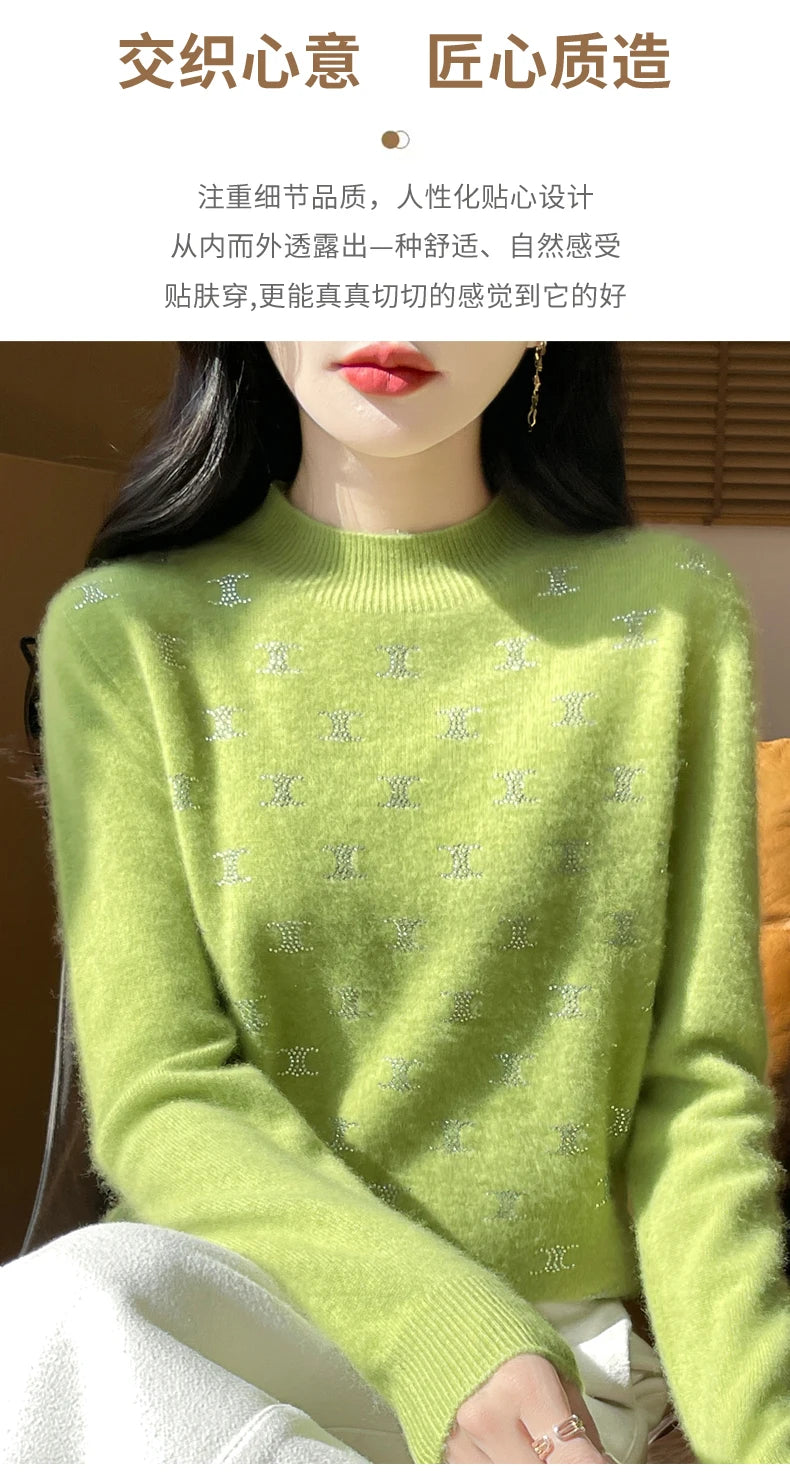 Women Fine Wool Thickening Sweater Half-high Collar Leaf studded With Diamonds Pullover Female Knitted Basis Tops Autumn Winter Dsers